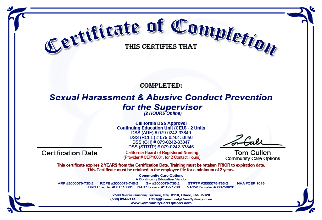 Cco Online Training Supervisor Sexual Harassment And Abusive Conduct Prevention